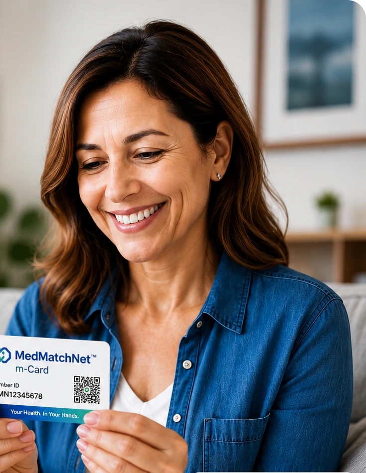 A woman smiling while holding a physical MedMatchNet m-Card, showing a member ID and QR code